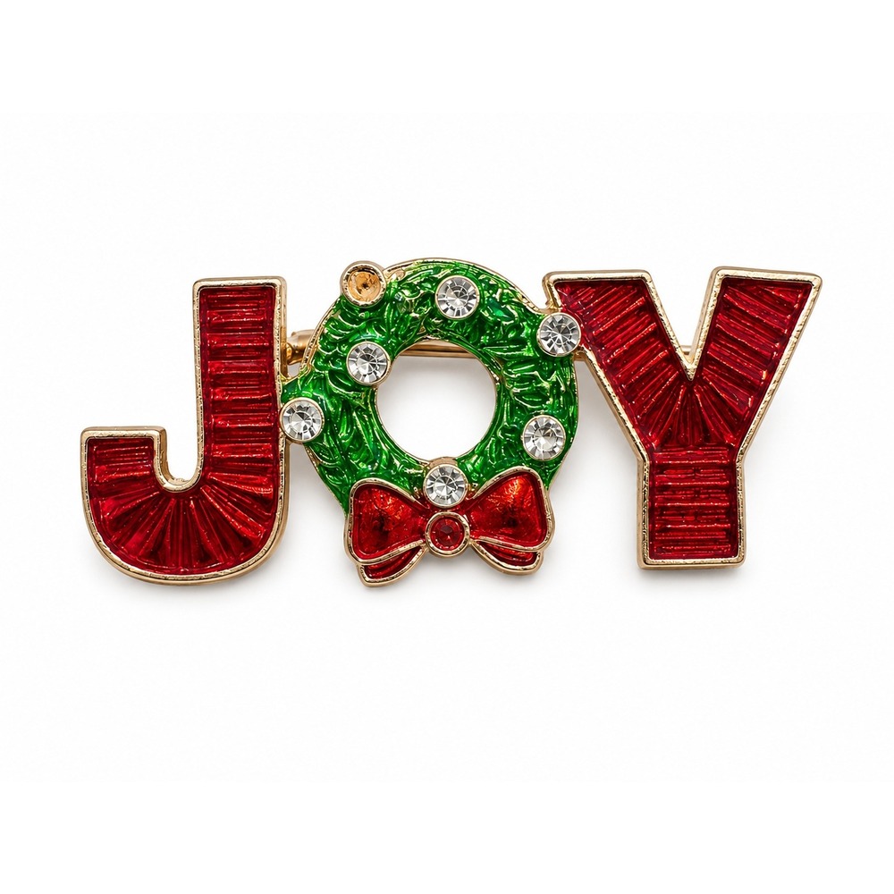 New JOY Christmas Enamel Brooch Pin Holiday Wreath Rhinestone Gold Tone Gift